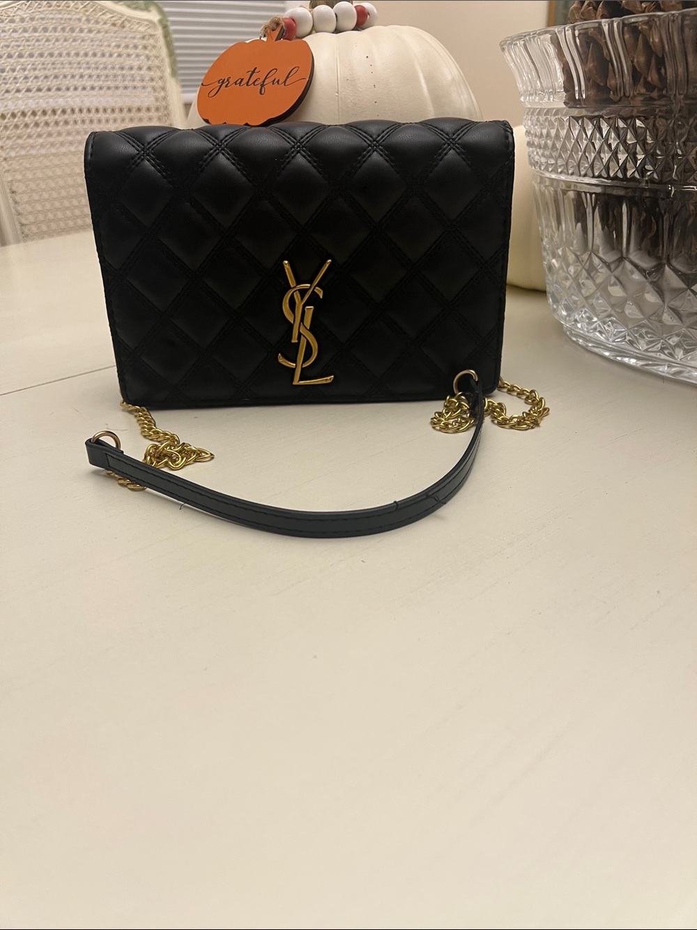 Fashion Black Quilted Leather Crossbody Bag with Gold Chain